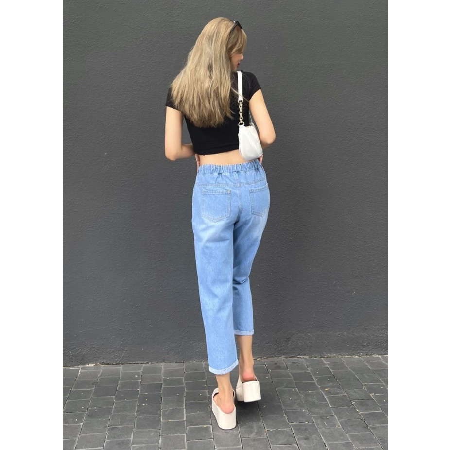 Quần Jean Baggy Dáng Lỡ Lưng Thun Lật Lai Rách Màu Xanh Nhạt