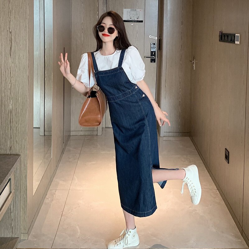 Đầm Yếm Denim Dài Trơn Xẻ Lệch Thời Trang Nữ Mùa Hè Năng Động