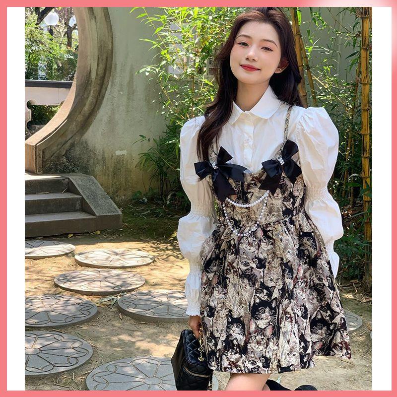 Váy babydoll Bộ Áo Sơ Mi Dài Tay + Đầm Hai Dây Họa Tiết Tranh Sơn Dầu Phong Cách Hong Kong Cổ Điển Thời Trang Mùa Hè Cho Nữ