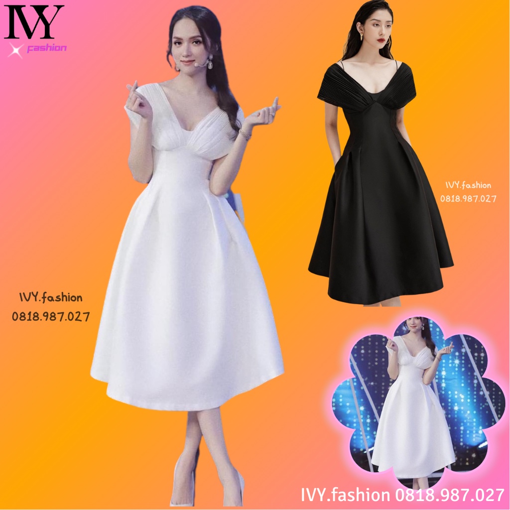 Đầm váy midi xoè xếp ly vai 🔥phi mờ ý cao cấp🔥 phối túi cổ V đổ trắng đen trễ vai đi biển dạ hội dự tiệc bigsize