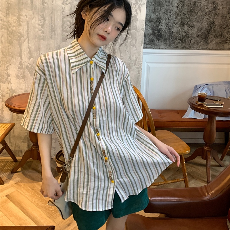 Áo sơ mi SUXI tay ngắn dáng rộng họa tiết kẻ sọc phong cách cổ điển thời trang mùa hè cho nữ