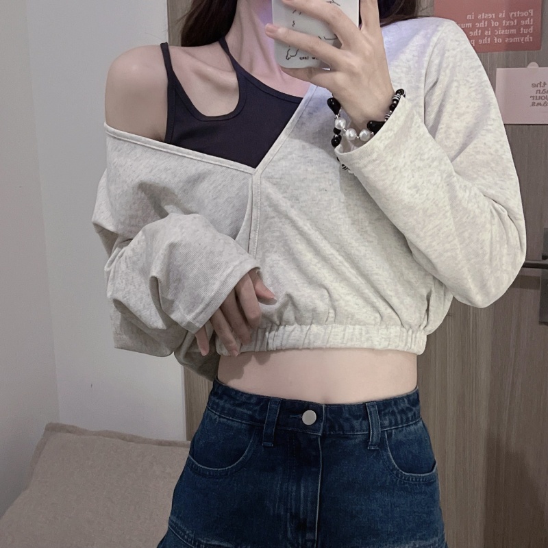 SUXI Áo Kiểu Tay Dài Dáng Rộng Lưng Cao Thiết Kế Độc Đáo Thời Trang Cá Tính Cho Nữ