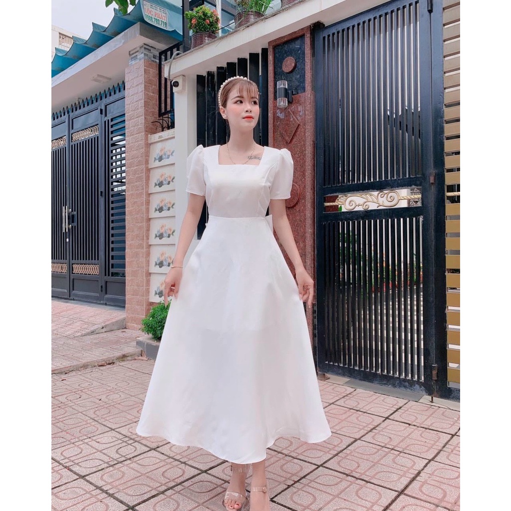 [11.11 Sale Freeship] Đầm dự tiệc nữ,đầm thun lạnh dài có mút tay ngắn cổ vuông ôm eo thắt nơ lưng cài khuy dáng xòe dx