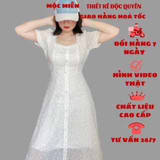 Đầm xòe cổ vuông đính nút cột nơ eo sau lưng DX04