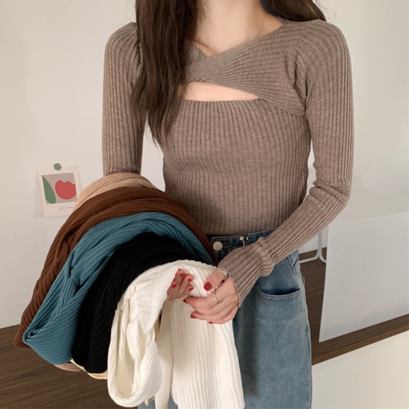 Áo Sweater Dệt Kim Tay Dài Màu Sắc Đơn Giản Thời Trang Mùa Thu Cho Nữ