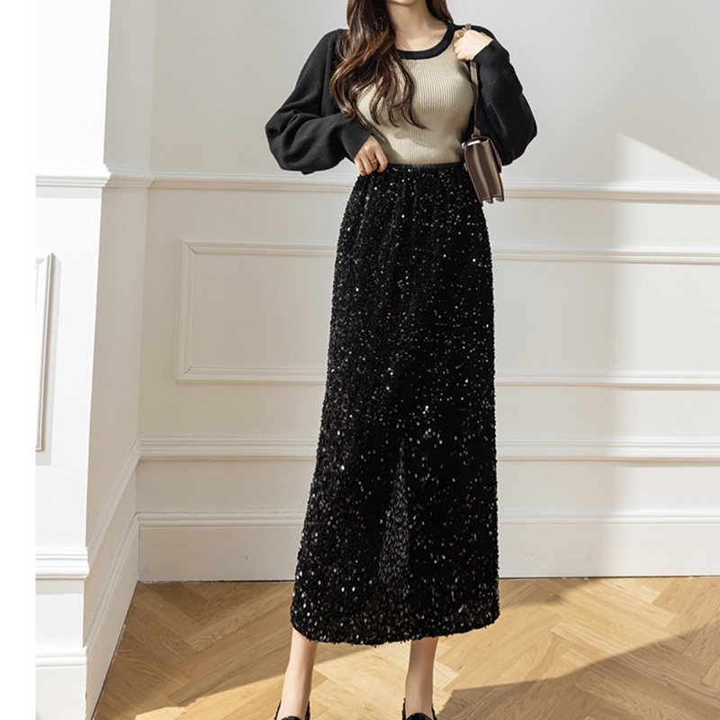 IELGY Chân Váy Nhung Dài Dáng Chữ a Lưng Thun Co Giãn Đính Kim Sa Lấp Lánh Thời Trang Cho Nữ