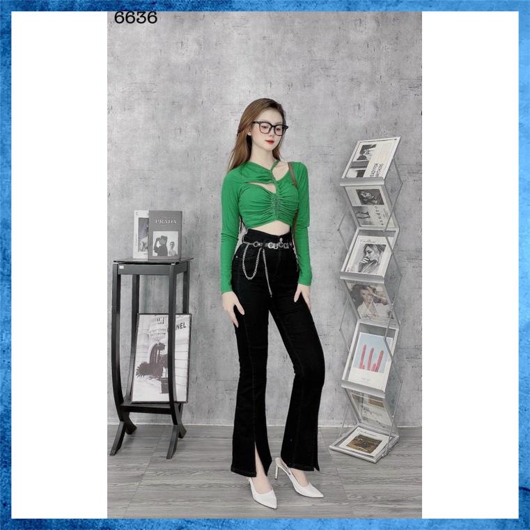 Quần jeans nữ, quần bò ống vẩy lưng cao túi chéo phối gân xẻ ống kèm đai 6640
