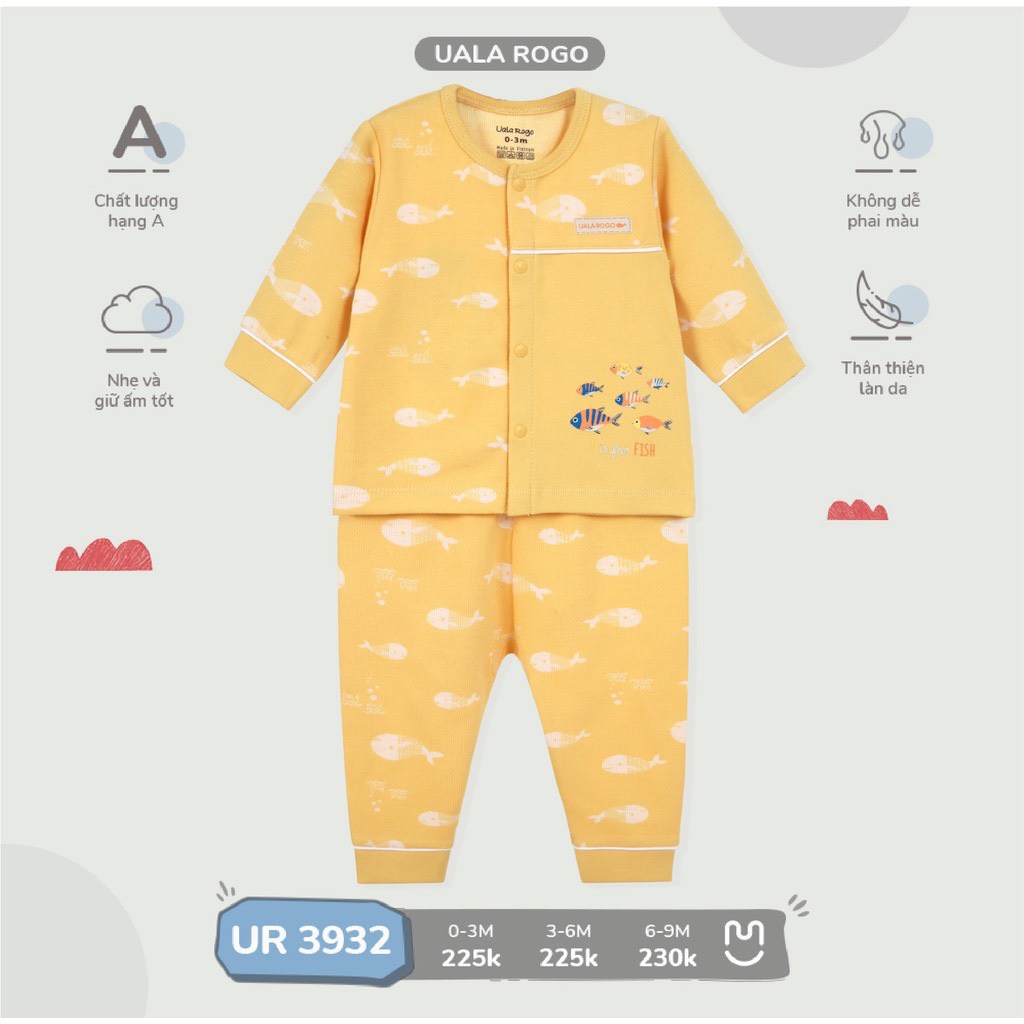 Bộ Uala Rogo cotton cao cấp dài tay cài giữa mềm mịn thấm hút mồ hôi tốt in cá mập cho bé trai bé gái 3932