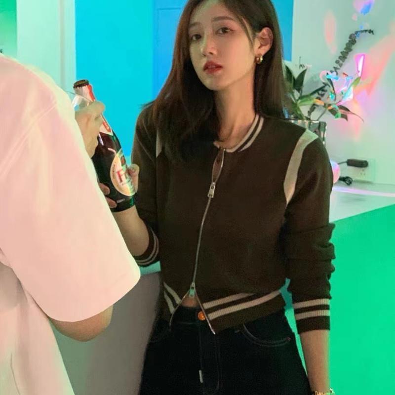 Áo Khoác Dệt Kim Tay Dài Màu Sắc Tương Phản Thời Trang Cho Nữ