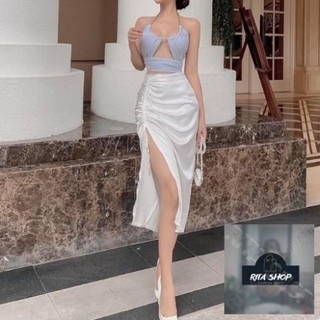 Chân váy lụa dài rút 1 bên xẻ đùi 2073