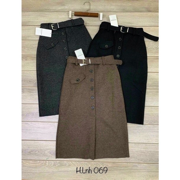 Chân váy dạ chữ A khuy nắp túi dài kèm đai xẻ trước công sở