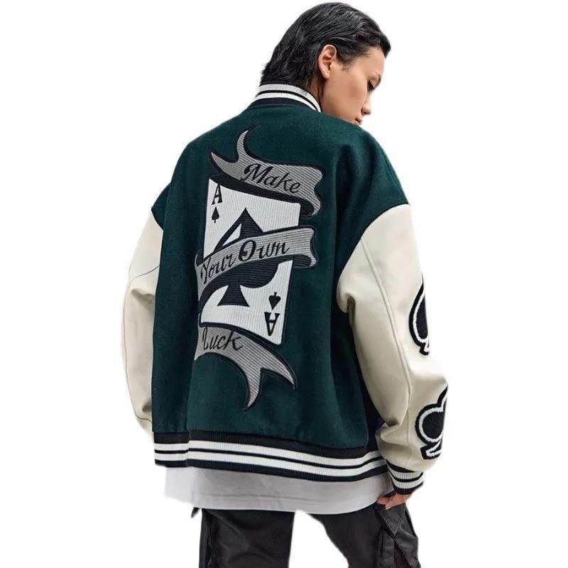 Áo bomber nam nữ màu xanh đặc biệt họa tiết thêu Át cao cấp Áo varcity Miuzi DT138