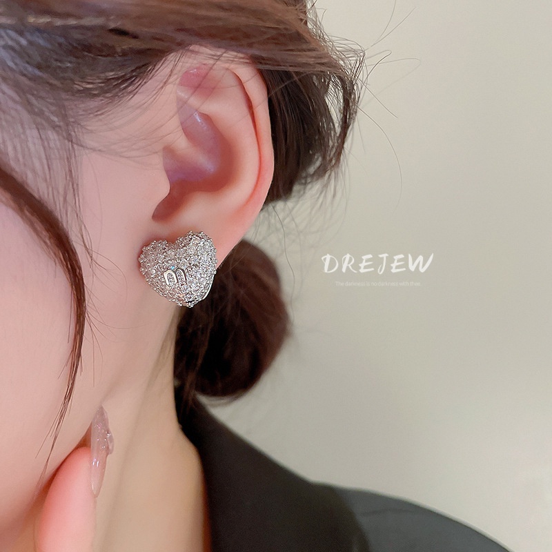 DREJEW Khuyên tai DREJEW mạ bạc đính đá hình trái tim phong cách Nhật Hàn sang trọng thời trang cho nữ 2