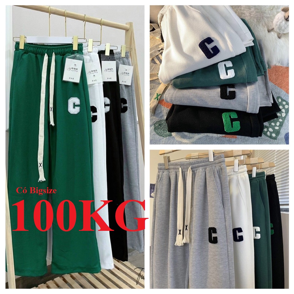 Chất nỉ tổ ong hạt gạo cao cấp, Đính chữ C, Quần ống rộng, có size đại tới 100KG, unisex nam nữ đều mặc đẹp được