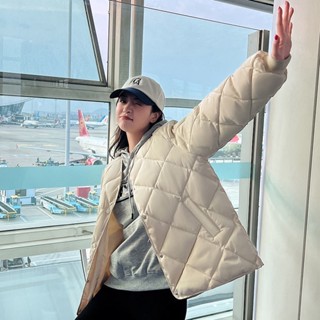 Áo phao quả trám trần bông nam nữ màu trắng đen nâu dài tay áo khoác phao không cổ phong cách Hàn Quốc