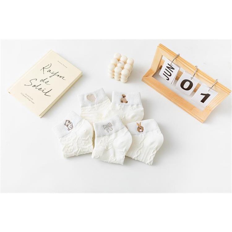 Set 5 Đôi Tất Nữ Cotton Mỏng Tone Trắng Gân Nổi Hoạ Tiết Nhỏ Dễ Thương