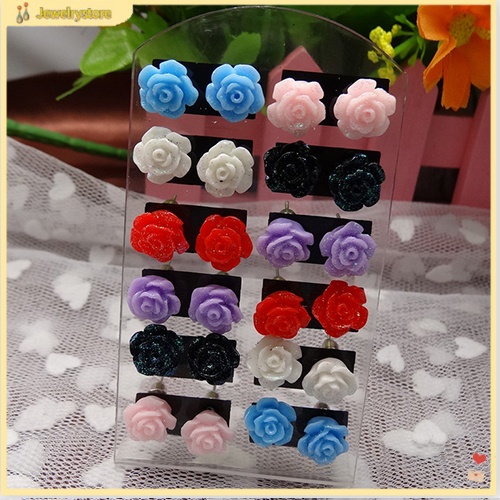 Bộ gồm 12 cặp hoa tai hình hoa hồng nhiều màu bằng nhựa thời trang cho nữ