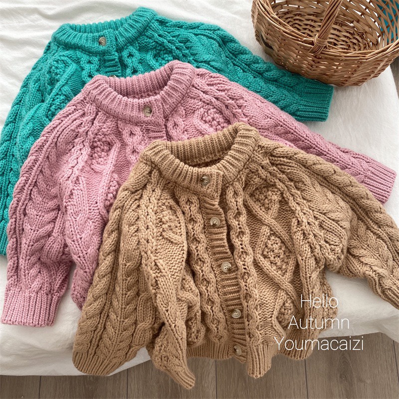 Áo Khoác Cardigan Len Dày cổ hình tròn sắc màu Trơn phong thái korea trang điểm Thu Đông giành riêng cho Trẻ 2022