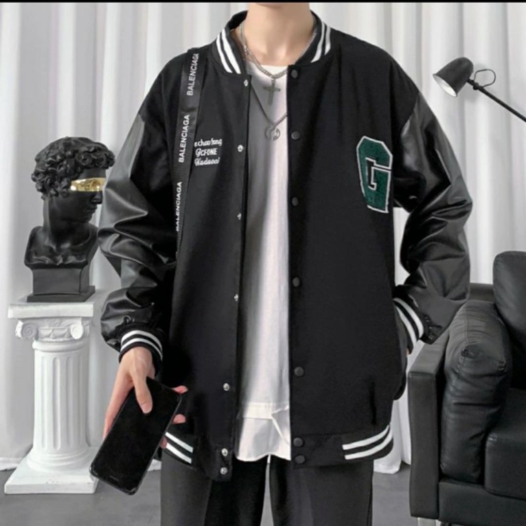Áo Khoác Bomber Thêu Chữ G, Áo Bóng Chày Chất Nỉ Phối Tay Áo Da