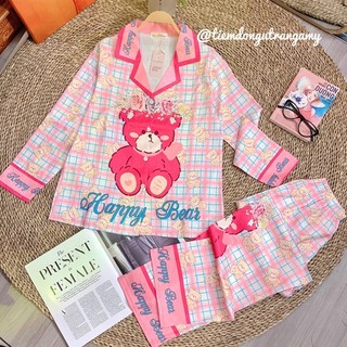 Set Pyjama Lụa Xước Ánh Kim Gấu Dâu Hồng