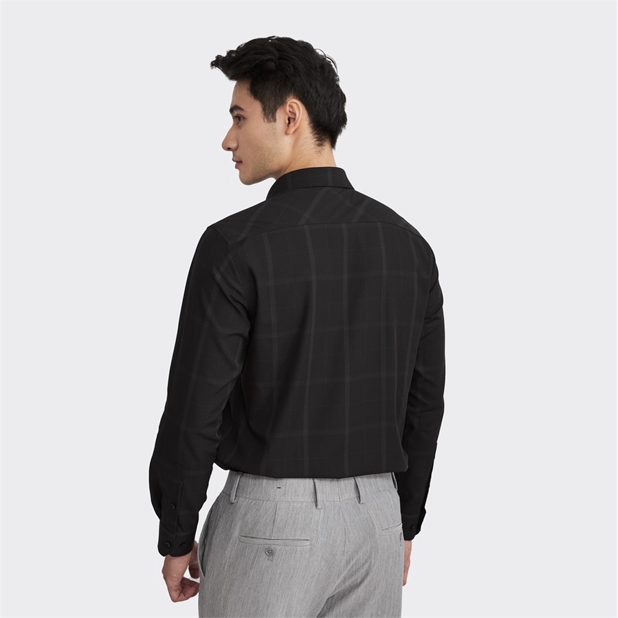 Áo sơ mi nam dài tay ARISTINO ALS06302 Somi công sở cao cấp màu đen kẻ chìm Vải sợi sồi dáng suông tà lượn có túi ngực