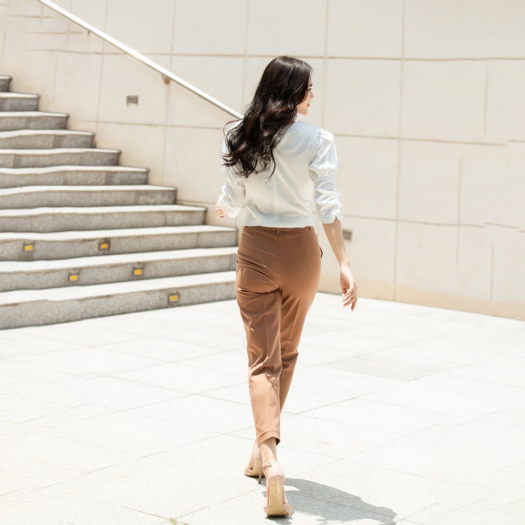 Quần Baggy nữ, Quần tây nữ công sở màu nâu cam lưng cao dáng xuông siêu tôn dáng size to