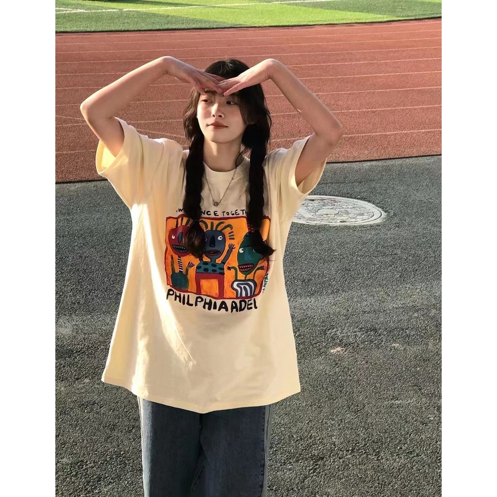 NRVP Áo thun tay ngắn dáng rộng in hình phong cách Hàn Quốc thời trang mùa hè unisex