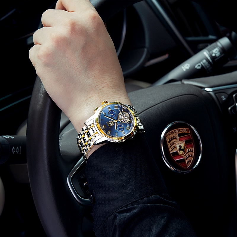 Đồng hồ cơ thể thao LIGE số La Mã ngày tự động dây đeo bằng thép chống nước thời trang cho nam