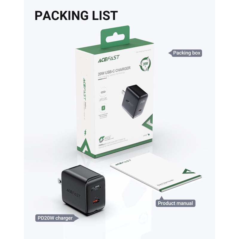 Sạc ACEFAST A3 công suất 20W 1 cổng USB-C hỗ trợ sạc PD3.0, sạc nhanh từ iPhone 8 trở lên - Hàng chính hãng