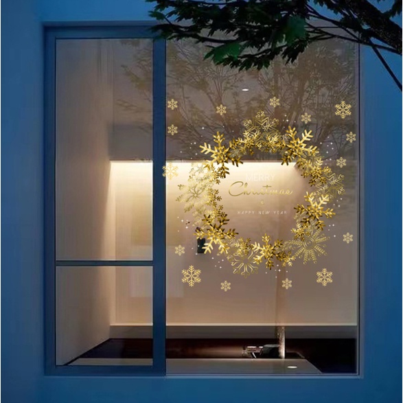Decal trang trí Noel - Vòng nguyệt quế vàng lấp lánh