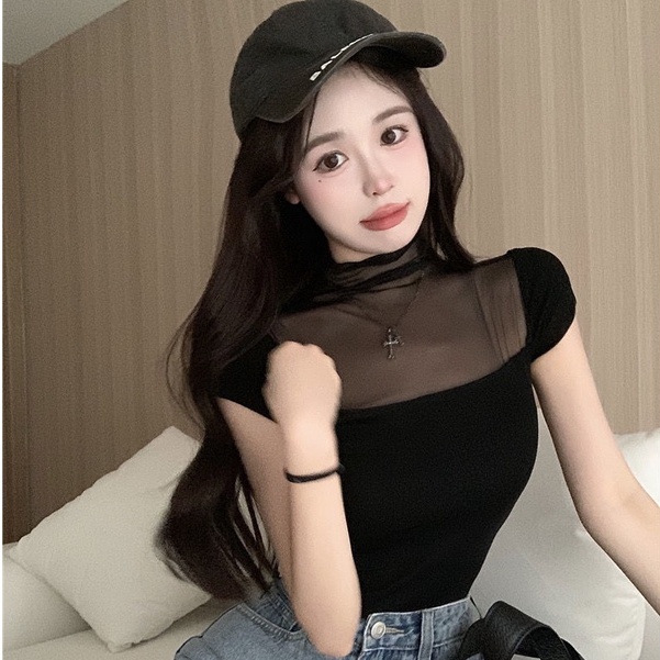 Áo Thun Lưới Tay Ngắn Cổ Cao Ôm Dáng Phong Cách Mùa Hè Mới
