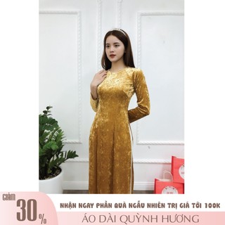Áo dài nhung nhám cổ tròn đính hạt cổ và tay màu vàng bò