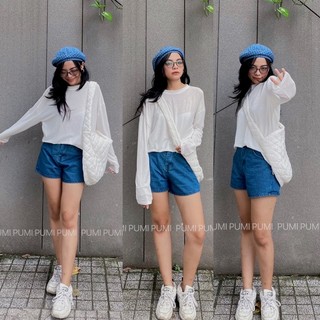 Áo trơn tay dài cổ tròn 2 màu trắng đen freesize Pumi