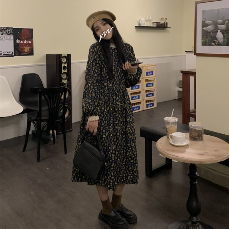 Váy babydoll Đầm Nhung Dáng Dài Họa Tiết Hoa Thời Trang Thu Đông 2022 Mới Cho Nữ