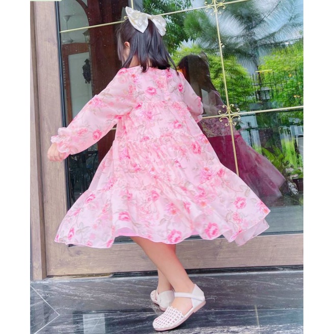 ĐẦM VÁY BÉ GÁI DÀI TAY VOAN TƠ PHỐI REN  BÉ GÁI HAIVANCO từ 12 đến 40 kg mềm mại THOÁNG MÁT đi học đi chơi đều đẹp