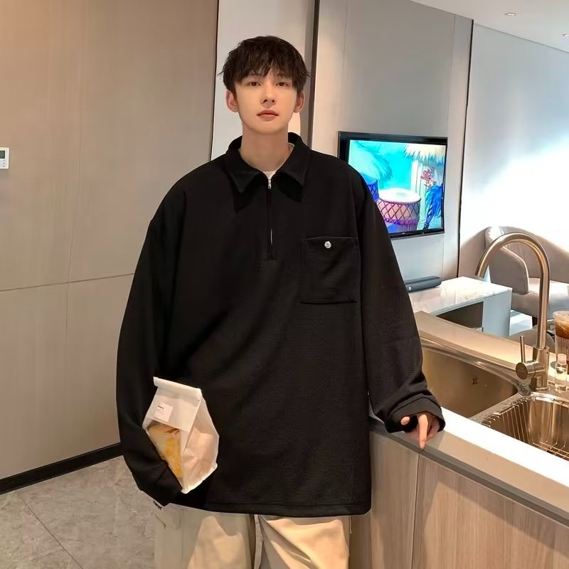 Áo Sơ Mi Polo Dáng Rộng Tay Dài Màu Trơn Đơn Giản Thời Trang Thu Đông Phong Cách Hàn Quốc Cho Nam
