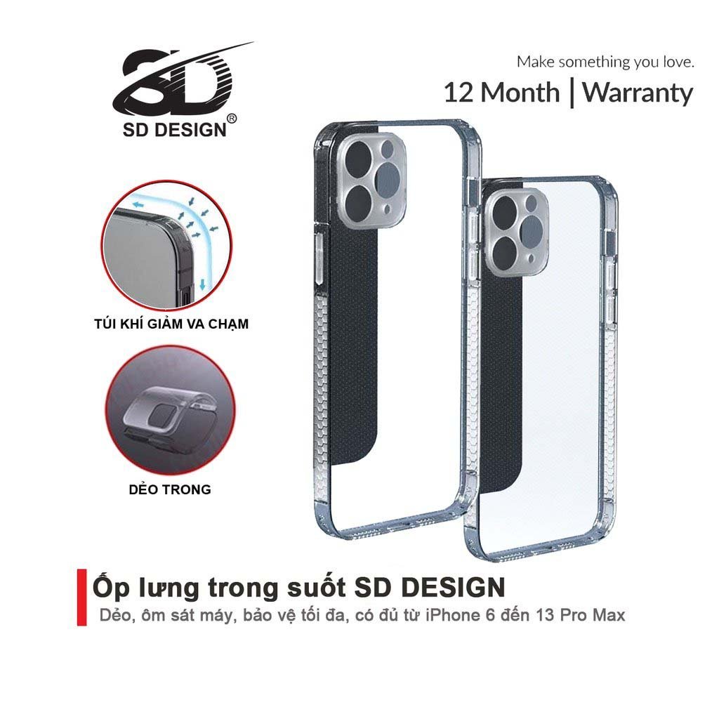 Ốp lưng trong suốt SD Design dành cho i-Ph, chất liệu Silicon Dẻo CHỐNG VÀNG Ố, ôm sát, bảo vệ camera