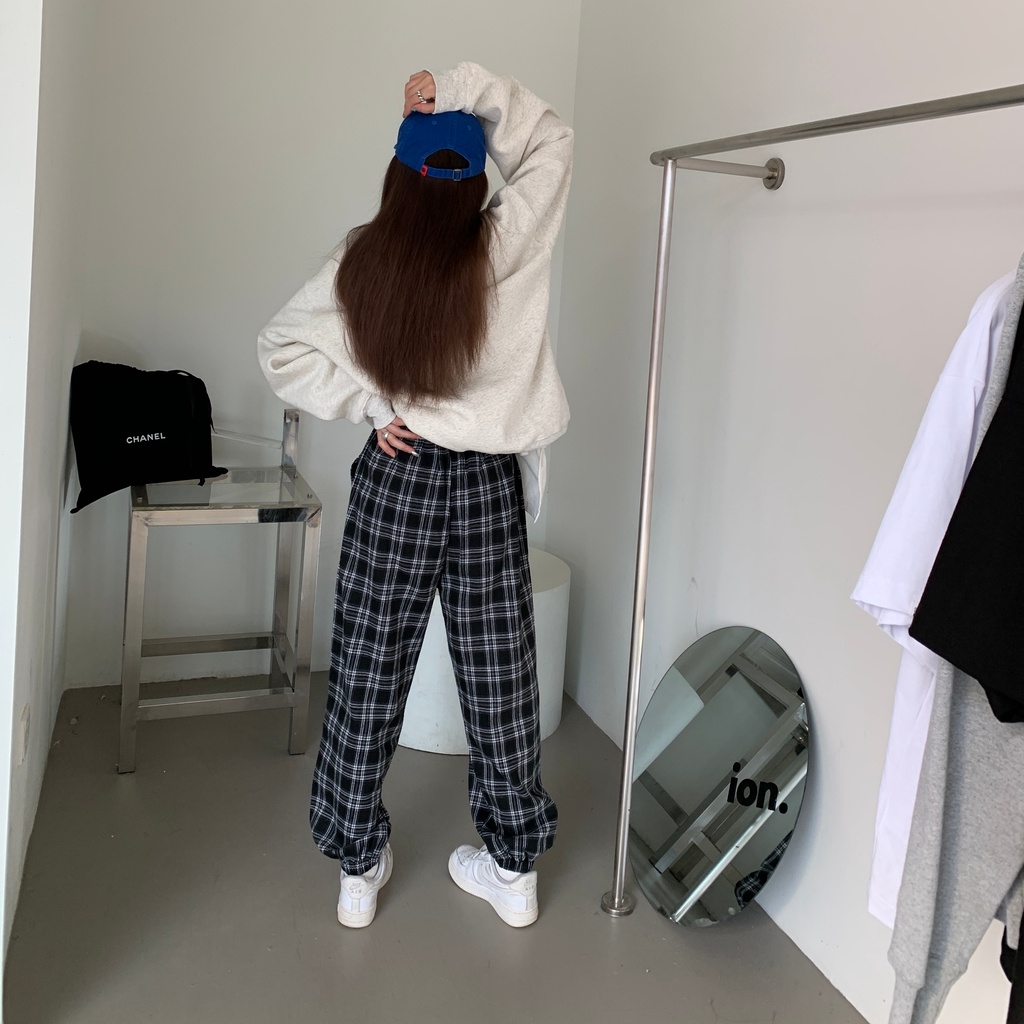 SUXI Quần Dài Lưng Cao Dáng Rộng Họa Tiết Sọc Caro Thời Trang Thu Đông Cho Nữ