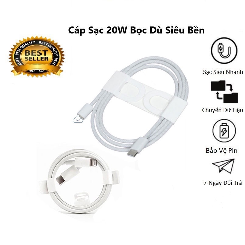 Dây Sạc Type C 20W Bọc Dù Full Box , cáp sạc nhanh 20w - Hỗ Trợ Sạc Siêu Nhanh - Dùng Cho Các Máy từ ip6 đến 13Prm