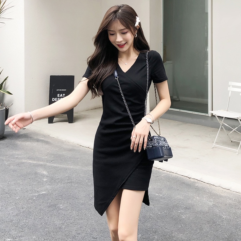 Đầm Thun Tăm Ôm Body Nhún Eo Lệch Vạt Tay Ngắn Thời Trang Nữ Phong Cách Hàn Quốc