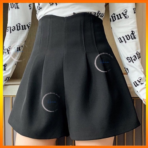 Quần Short Nữ Ống Rộng Lưng Cao Viền Cong Cá Tính Cạp Liền Dập Ly Chất Tuyết Mưa Dày Dặn Cao Cấp Hanva