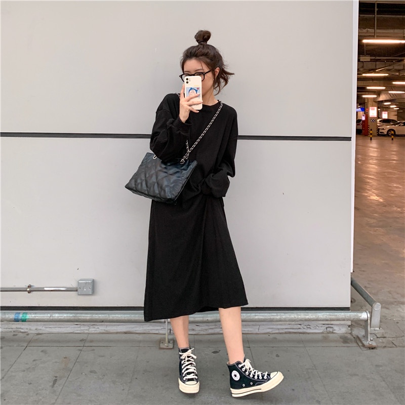 Đầm dài qua gối SUXI cổ tròn dáng rộng màu sắc đơn giản thời trang mùa thu dành cho nữ