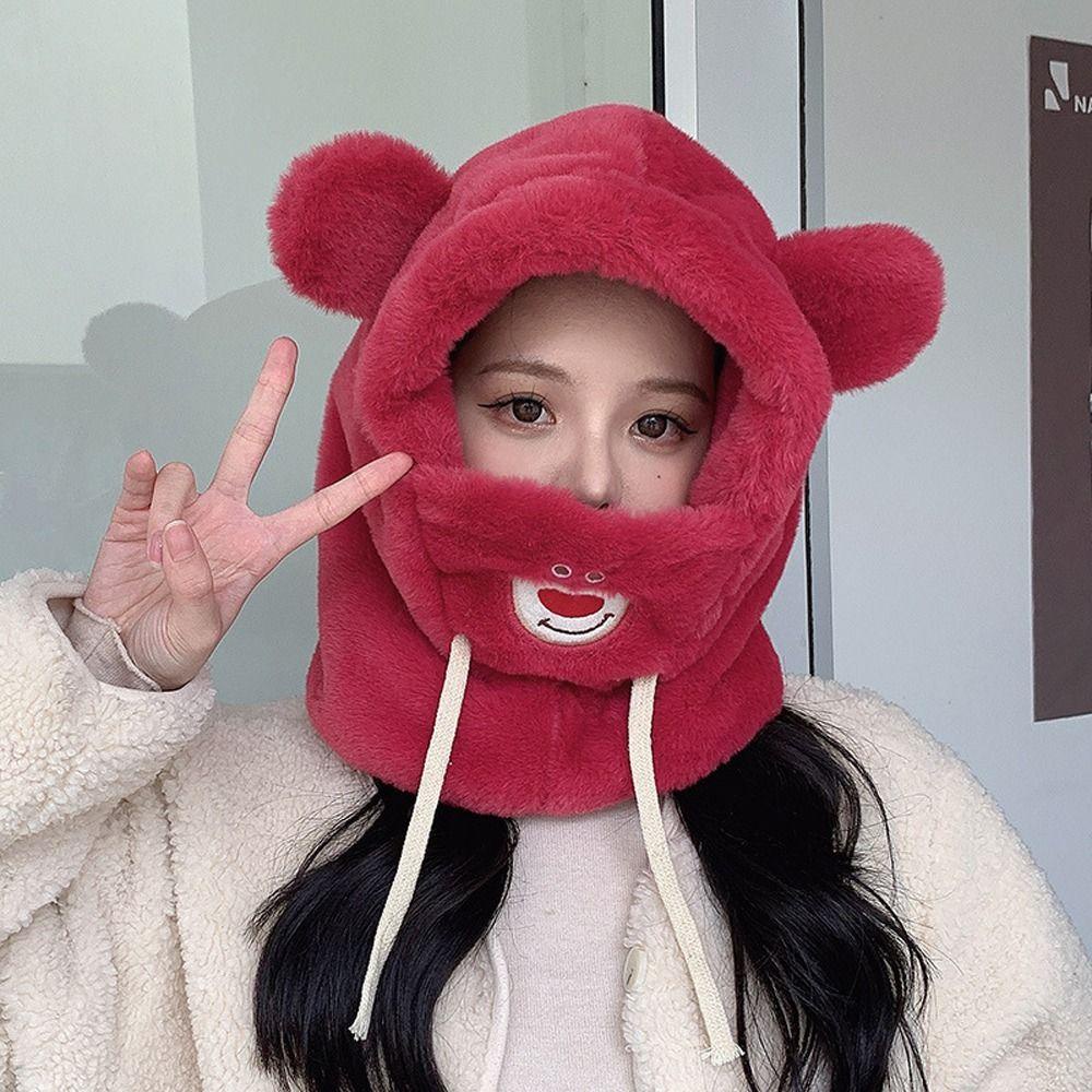 Mũ Len Che Tai Giữ Ấm Hình Gấu Dâu Tây Dễ Thương