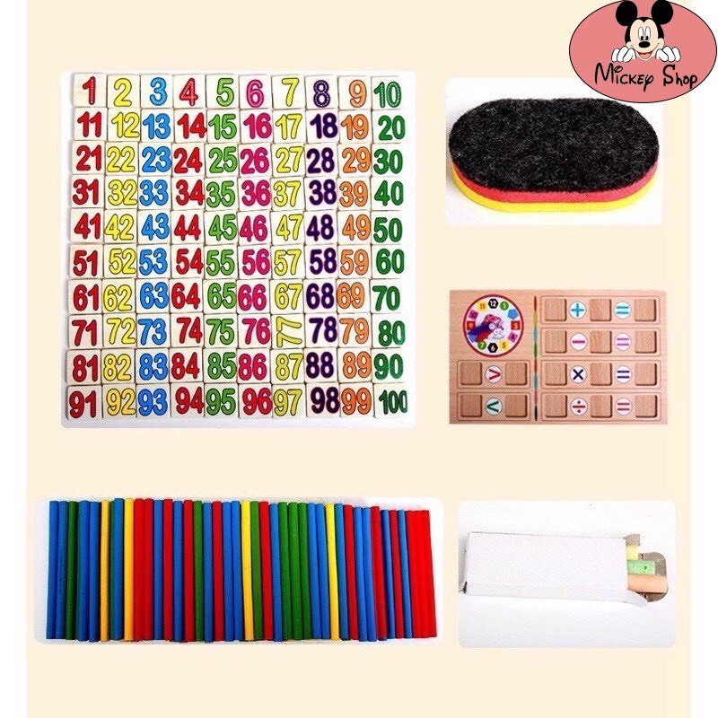 Đồ chơi giáo dục Bộ toán học gỗ combo que tính, 100 thẻ số, đồng hồ, bảng đen cho bé tự tin hơn khi bước vào lớp 1