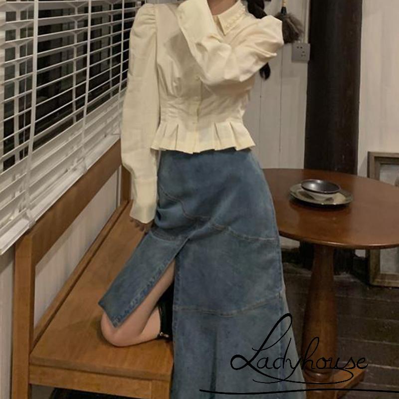 Áo Sơ Mi Ngắn Tay Dài Đính Nút Ngọc Trai Dành Cho Nữ