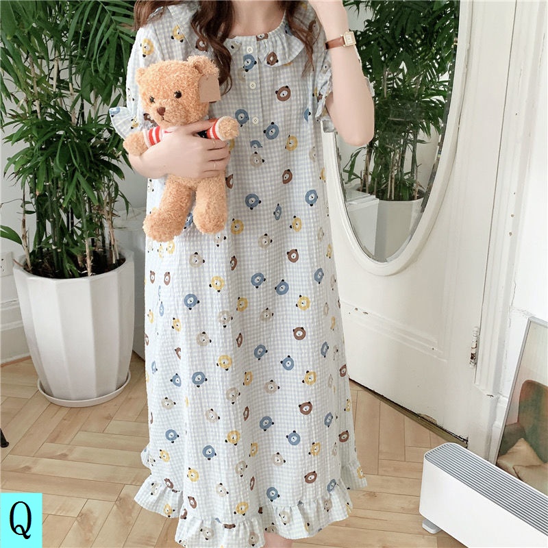 Đầm Ngủ Dài Qua Gối Ngắn Tay Phong Cách Hàn Quốc Ngọt Ngào Thời Trang Mùa Hè Dành Cho Nữ