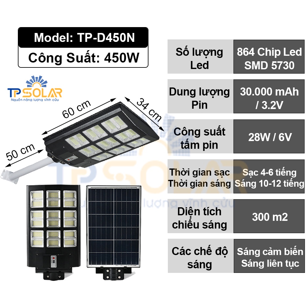 Đèn Đường Liền Thể 3 Mặt Năng Lượng Mặt Trời TP Solar TP-D300N TP-D450N TP-600N Công Suất 300W 450W 600W Bảo Hành 3 Năm