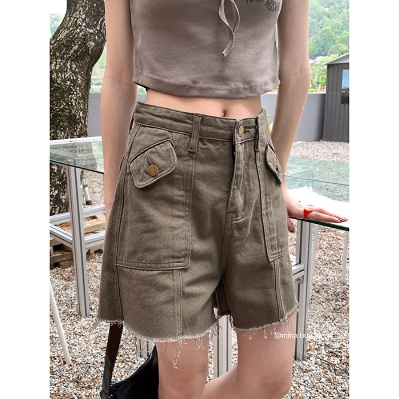 Jiashucheng Quần Yếm Denim Ngắn Dáng Suông Rộng Eo Cao Phong Cách Retro Mỹ Mùa Hè Dành Cho Nữ
