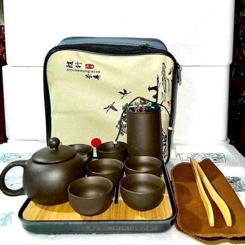 Bộ ấm trà phong cách Nhật, ấm trà du lịch 6 chén, 12 chi tiết + túi đựng
