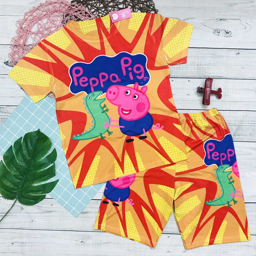 Đồ bộ thun lạnh cộc tay bé trai bé gái in 3D hình Gia Đình Heo Peppa cho bé thoáng mát